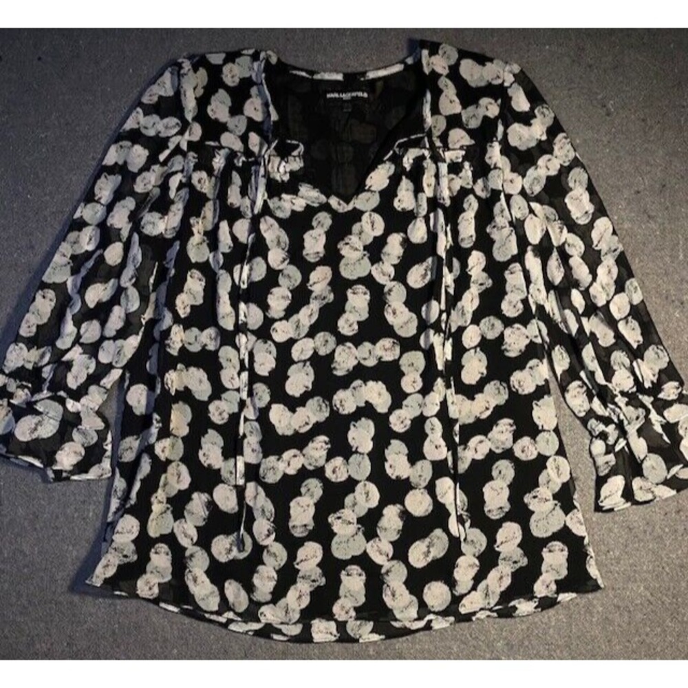 KARL LAGERFELDâ luxurious black & white FLORAL RUFFLE NECK blouse SMALL